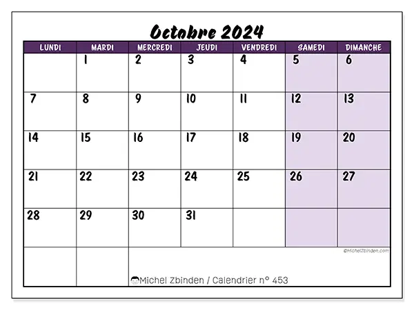 Calendrier n° 453 pour octobre 2024 à imprimer gratuit. Semaine : Lundi à dimanche.