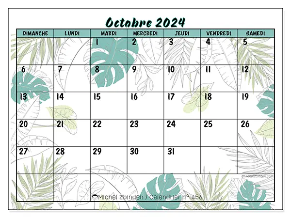 Calendrier n° 456 pour octobre 2024 à imprimer gratuit. Semaine : Dimanche à samedi.