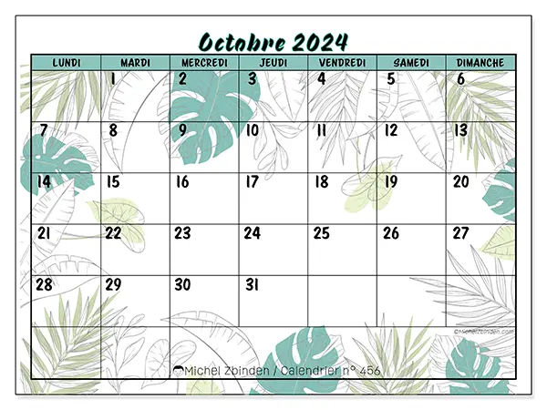 Calendrier n° 456 pour octobre 2024 à imprimer gratuit. Semaine : Lundi à dimanche.