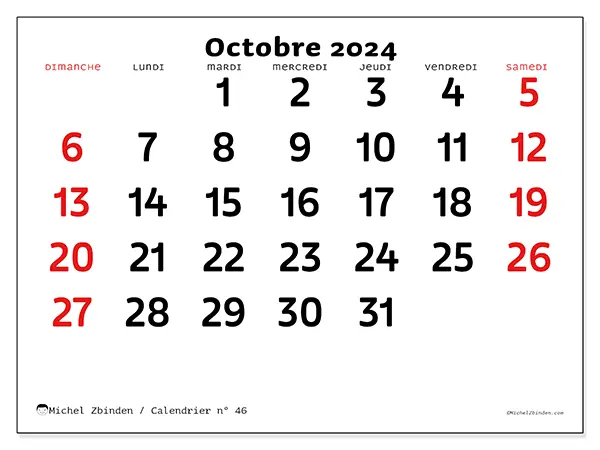 Calendrier n° 46 pour octobre 2024 à imprimer gratuit. Semaine : Dimanche à samedi.