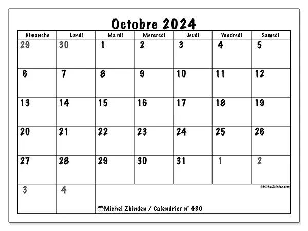Calendrier n° 480 pour octobre 2024 à imprimer gratuit. Semaine : Dimanche à samedi.