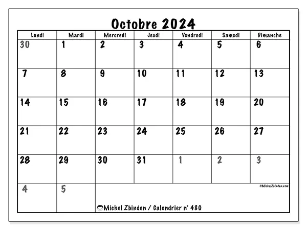 Calendrier n° 480 à imprimer gratuit, octobre 2025. Semaine :  Lundi à dimanche