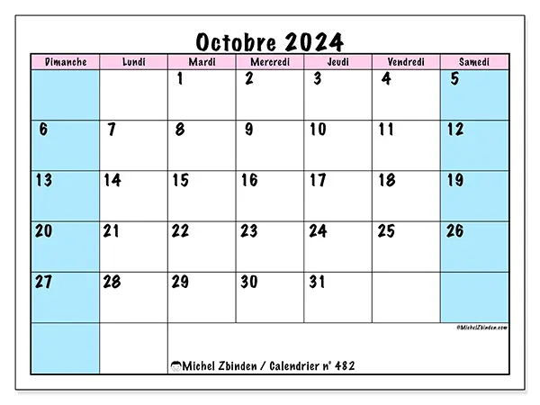 Calendrier n° 482 pour octobre 2024 à imprimer gratuit. Semaine : Dimanche à samedi.
