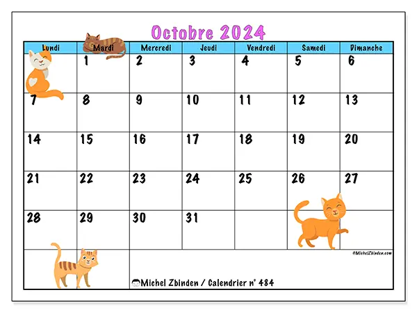 Calendrier n° 484 pour octobre 2024 à imprimer gratuit. Semaine : Lundi à dimanche.
