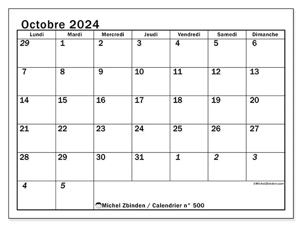 Calendrier n° 500 pour octobre 2024 à imprimer gratuit. Semaine : Lundi à dimanche.