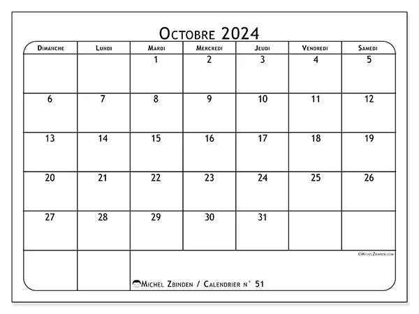Calendrier n° 51 pour octobre 2024 à imprimer gratuit. Semaine : Dimanche à samedi.
