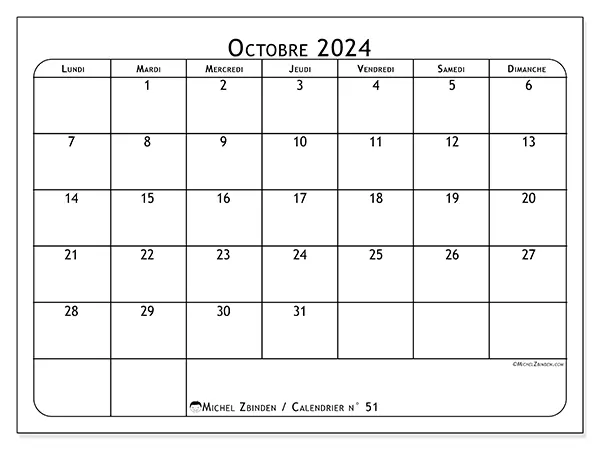 Calendrier n° 51 à imprimer gratuit, octobre 2025. Semaine :  Lundi à dimanche