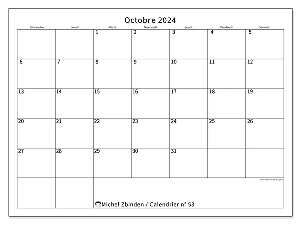 Calendrier n° 53 pour octobre 2024 à imprimer gratuit. Semaine : Dimanche à samedi.