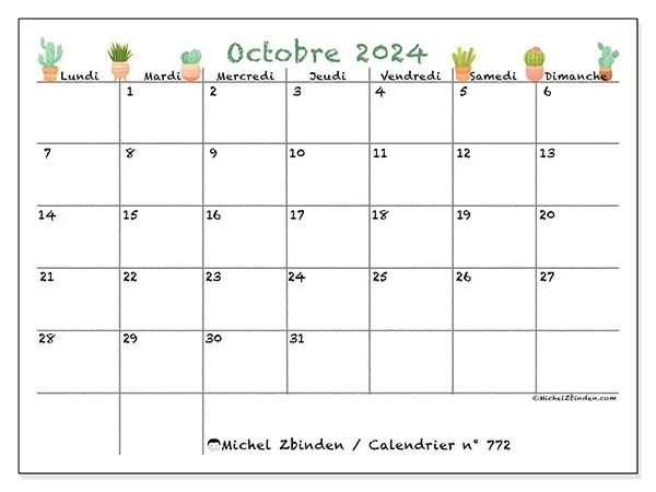 Calendrier n° 772 pour octobre 2024 à imprimer gratuit. Semaine : Lundi à dimanche.