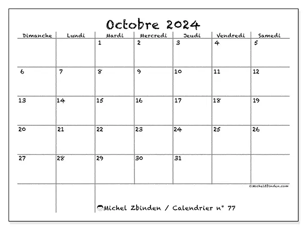 Calendrier n° 77 pour octobre 2024 à imprimer gratuit. Semaine : Dimanche à samedi.