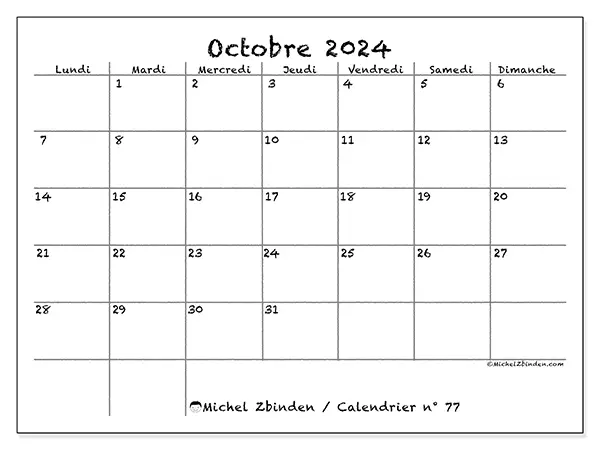 Calendrier n° 77 pour octobre 2024 à imprimer gratuit. Semaine : Lundi à dimanche.
