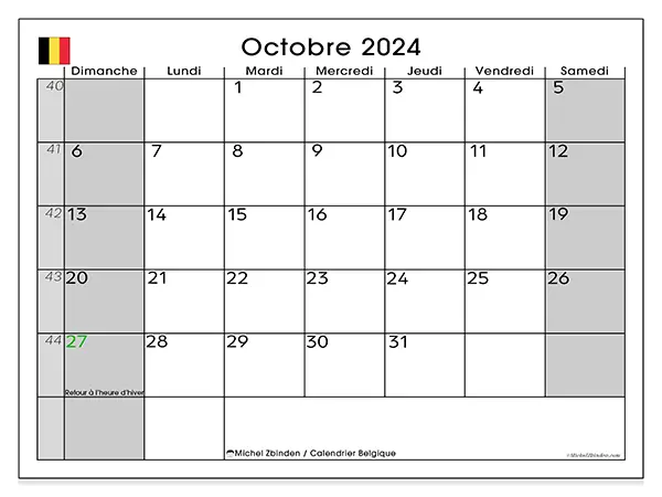 Calendrier Belgique pour octobre 2024 à imprimer gratuit. Semaine : Dimanche à samedi.