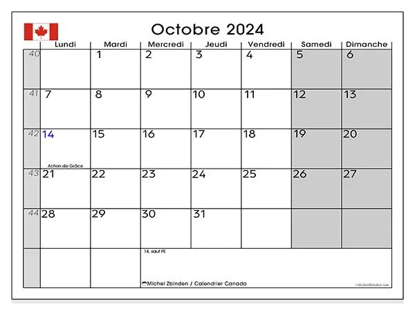 Calendrier Canada pour octobre 2024 à imprimer gratuit. Semaine : Lundi à dimanche.
