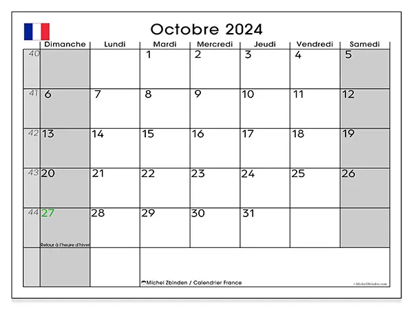 Calendrier France pour octobre 2024 à imprimer gratuit. Semaine : Dimanche à samedi.