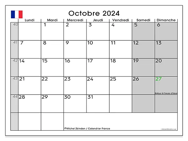 Calendrier France pour octobre 2024 à imprimer gratuit. Semaine : Lundi à dimanche.