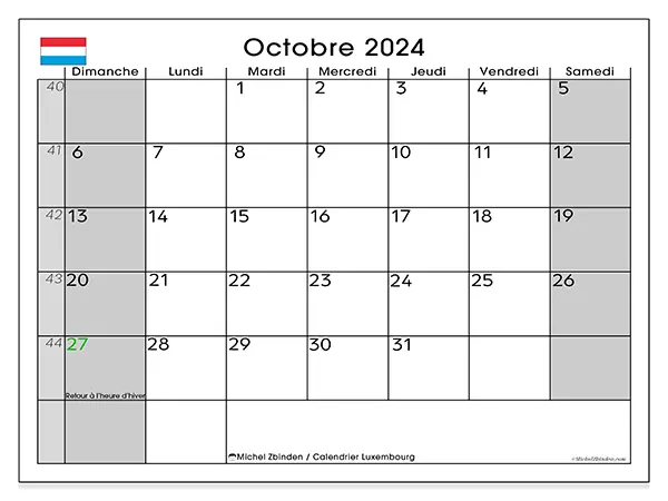 Calendrier Luxembourg pour octobre 2024 à imprimer gratuit. Semaine : Dimanche à samedi.