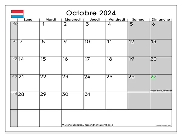 Calendrier Luxembourg pour octobre 2024 à imprimer gratuit. Semaine : Lundi à dimanche.