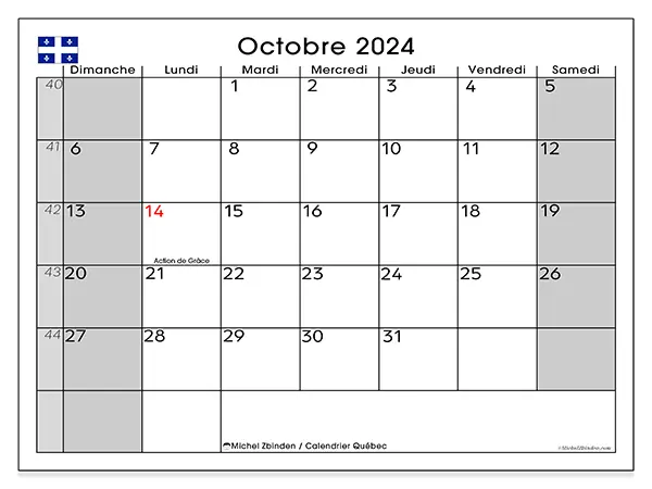 Calendrier Québec pour octobre 2024 à imprimer gratuit. Semaine : Dimanche à samedi.