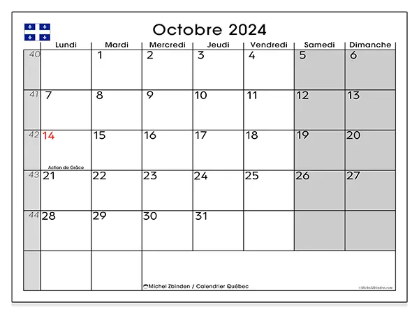 Calendrier Québec pour octobre 2024 à imprimer gratuit. Semaine : Lundi à dimanche.