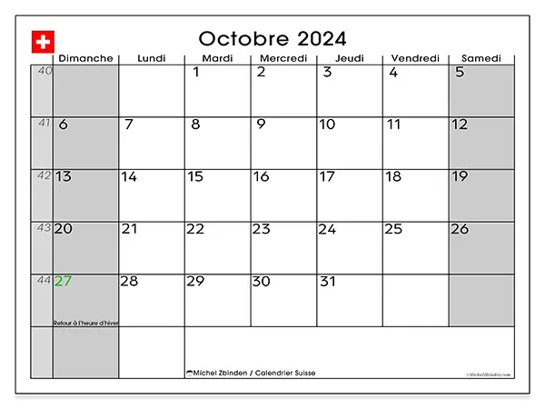 Calendrier Suisse pour octobre 2024 à imprimer gratuit. Semaine : Dimanche à samedi.