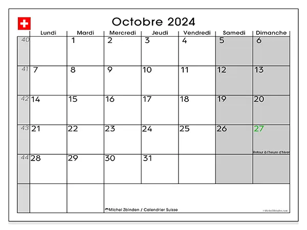 Calendrier Suisse pour octobre 2024 à imprimer gratuit. Semaine : Lundi à dimanche.