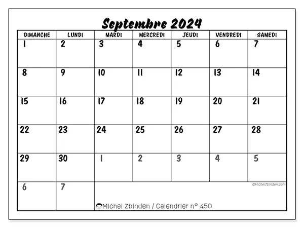 Calendrier n° 450 pour septembre 2024 à imprimer gratuit. Semaine : Dimanche à samedi.
