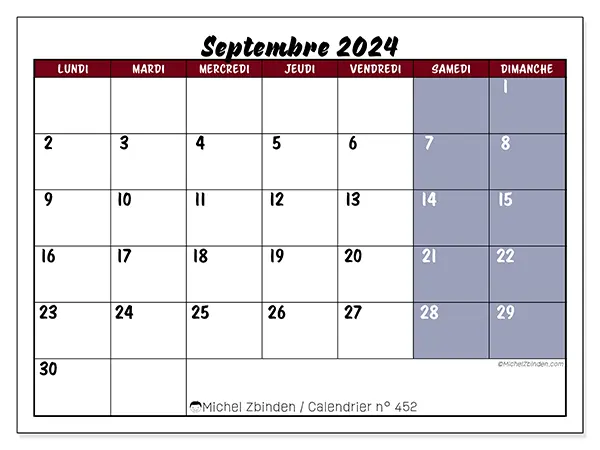 Calendrier n° 452 pour septembre 2024 à imprimer gratuit. Semaine : Lundi à dimanche.