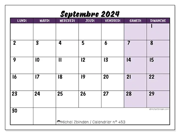 Calendrier n° 453 pour septembre 2024 à imprimer gratuit. Semaine : Lundi à dimanche.