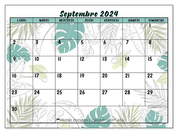 Calendrier n° 456 pour septembre 2024 à imprimer gratuit. Semaine : Lundi à dimanche.