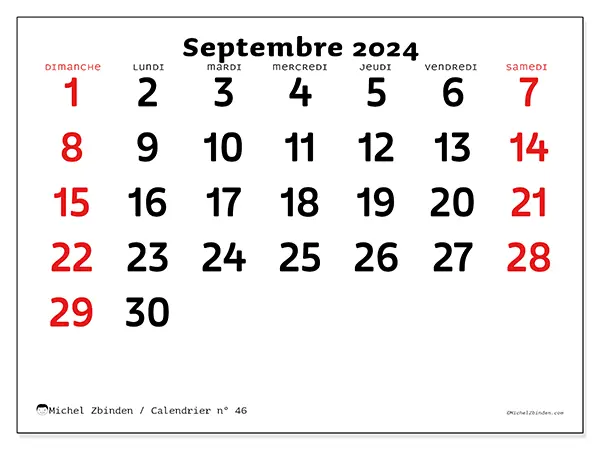 Calendrier n° 46 pour septembre 2024 à imprimer gratuit. Semaine : Dimanche à samedi.