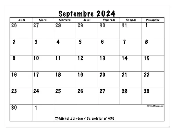 Calendrier n° 480 pour septembre 2024 à imprimer gratuit. Semaine : Lundi à dimanche.