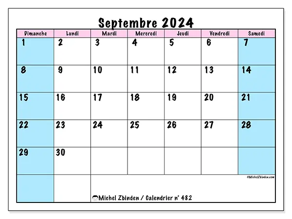 Calendrier n° 482 pour septembre 2024 à imprimer gratuit. Semaine : Dimanche à samedi.