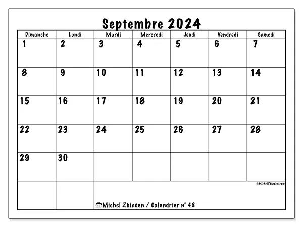 Calendrier n° 48 pour septembre 2024 à imprimer gratuit. Semaine : Dimanche à samedi.