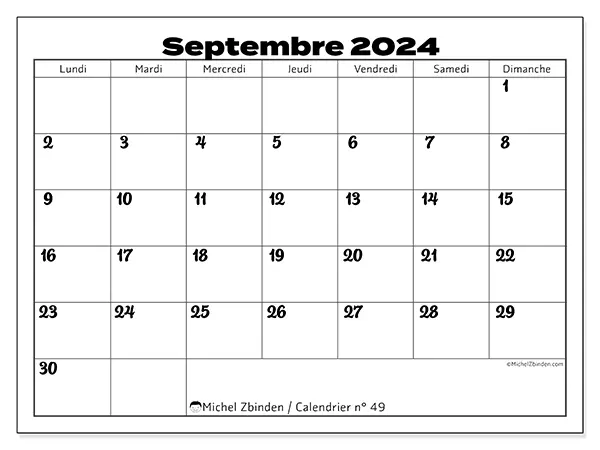 Calendrier n° 49 pour septembre 2024 à imprimer gratuit. Semaine : Lundi à dimanche.