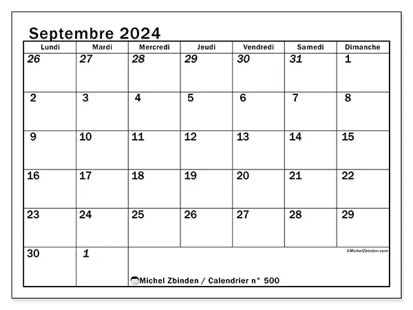 Calendrier n° 500 pour septembre 2024 à imprimer gratuit. Semaine : Lundi à dimanche.