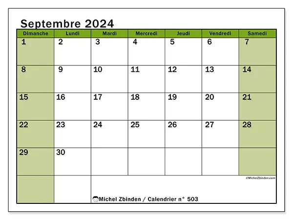 Calendrier n° 503 pour septembre 2024 à imprimer gratuit. Semaine : Dimanche à samedi.