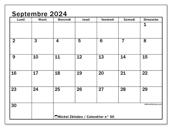 Calendrier n° 50 pour septembre 2024 à imprimer gratuit. Semaine : Lundi à dimanche.