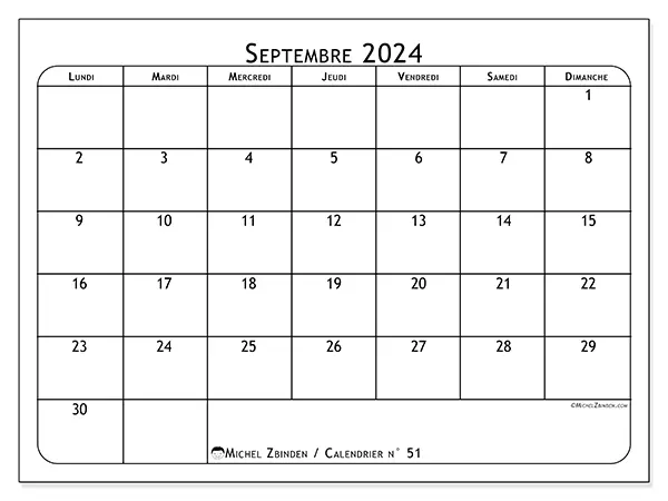 Calendrier n° 51 pour septembre 2024 à imprimer gratuit. Semaine : Lundi à dimanche.