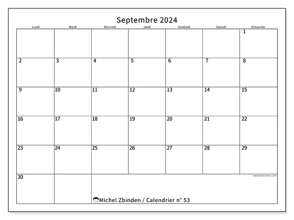 Calendrier n° 53 pour septembre 2024 à imprimer gratuit. Semaine : Lundi à dimanche.