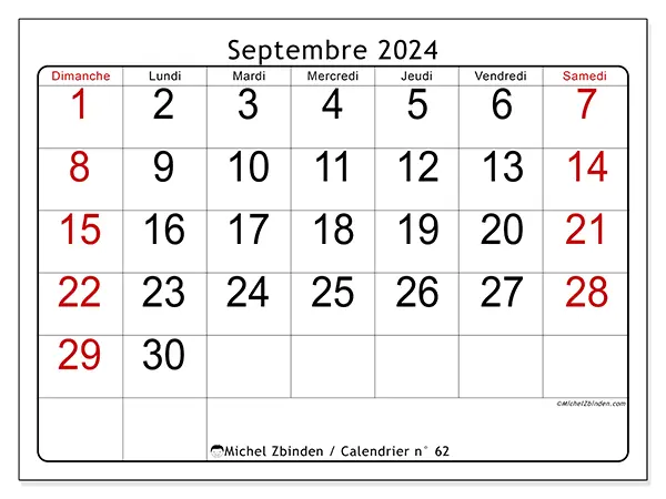 Calendrier n° 62 pour septembre 2024 à imprimer gratuit. Semaine : Dimanche à samedi.