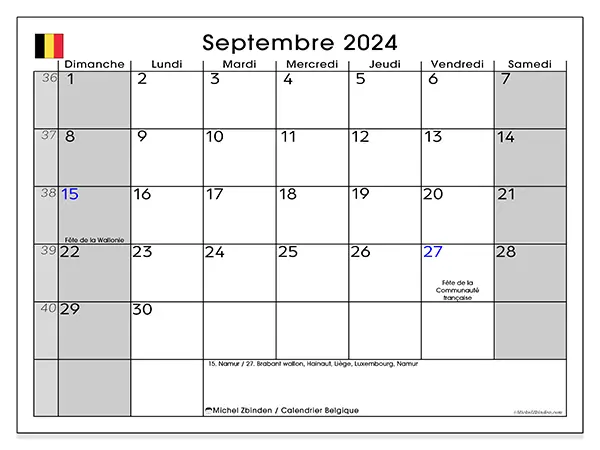 Calendrier Belgique pour septembre 2024 à imprimer gratuit. Semaine : Dimanche à samedi.