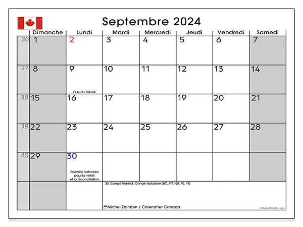 Calendrier Canada pour septembre 2024 à imprimer gratuit. Semaine : Dimanche à samedi.