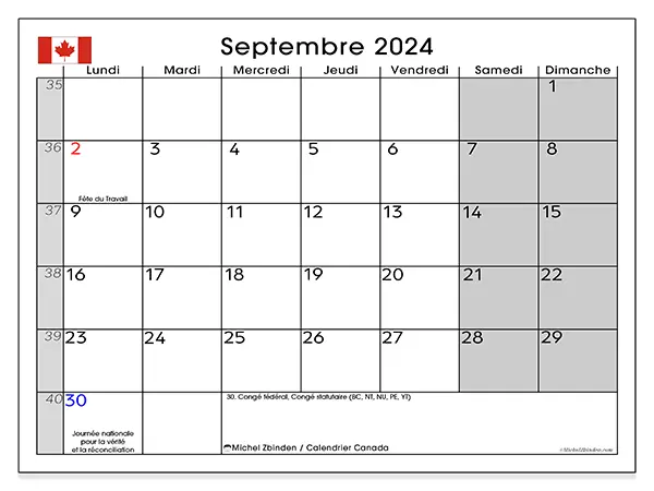 Calendrier Canada pour septembre 2024 à imprimer gratuit. Semaine : Lundi à dimanche.