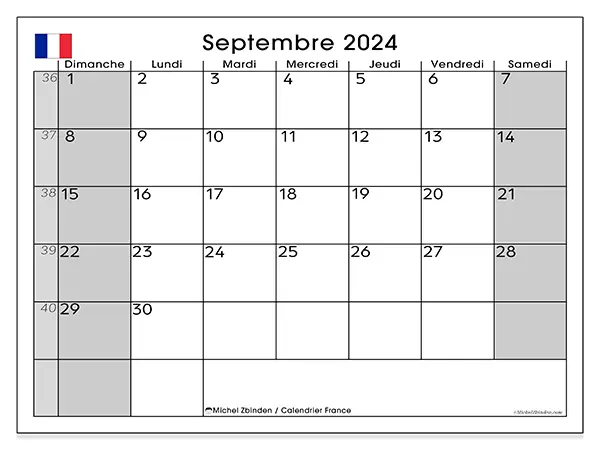 Calendrier France pour septembre 2024 à imprimer gratuit. Semaine : Dimanche à samedi.