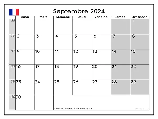 Calendrier France pour septembre 2024 à imprimer gratuit. Semaine : Lundi à dimanche.