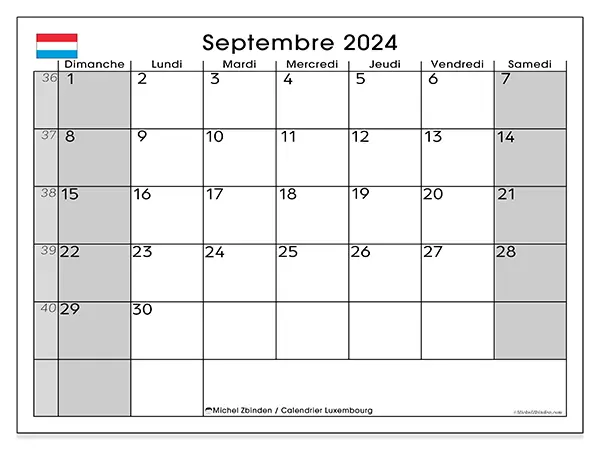 Calendrier Luxembourg pour septembre 2024 à imprimer gratuit. Semaine : Dimanche à samedi.