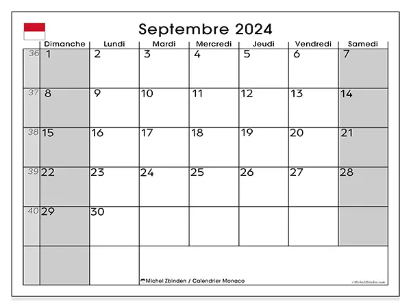 Calendrier Monaco pour septembre 2024 à imprimer gratuit. Semaine : Dimanche à samedi.