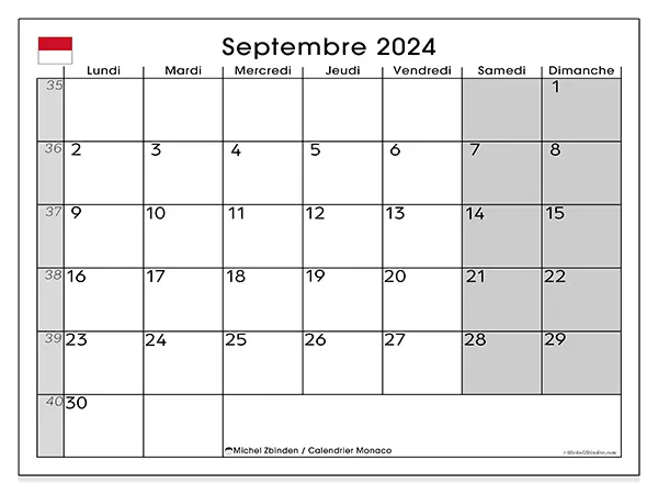 Calendrier Monaco pour septembre 2024 à imprimer gratuit. Semaine : Lundi à dimanche.