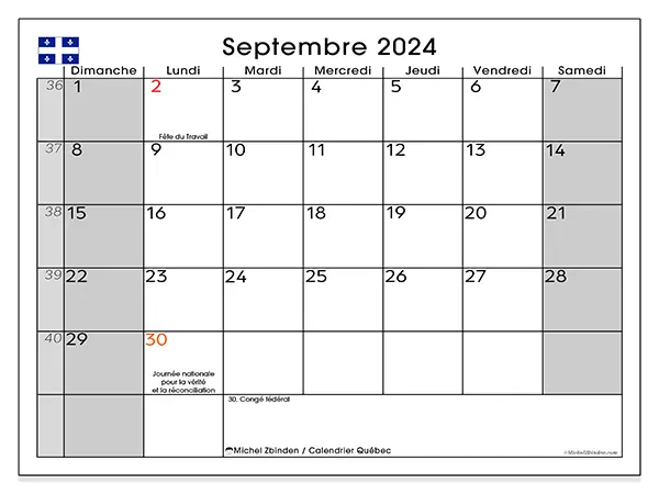 Calendrier Québec pour septembre 2024 à imprimer gratuit. Semaine : Dimanche à samedi.