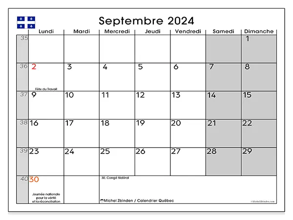Calendrier Québec pour septembre 2024 à imprimer gratuit. Semaine : Lundi à dimanche.